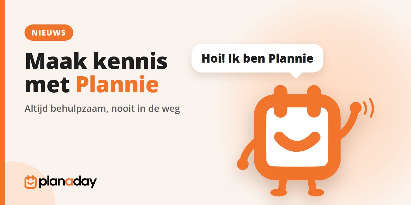 Plannie, de oranje kalender uit het Planaday-logo, zwaait en zegt: Hoi! Ik ben Plannie