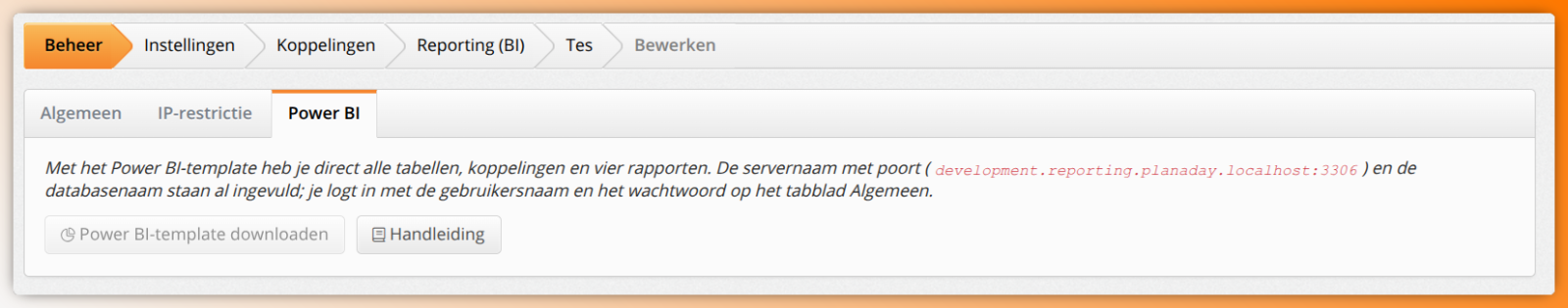Het tabblad Power BI met de knoppen Power BI-template downloaden en Handleiding