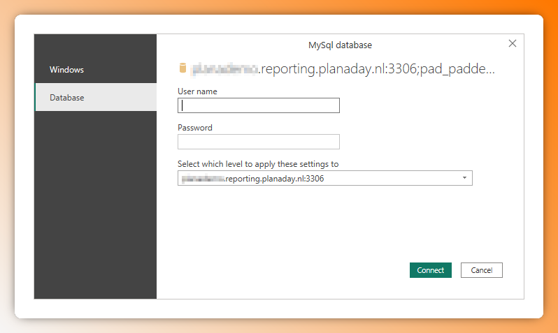 Het inlogvenster MySQL database in Power BI met het tabblad Database