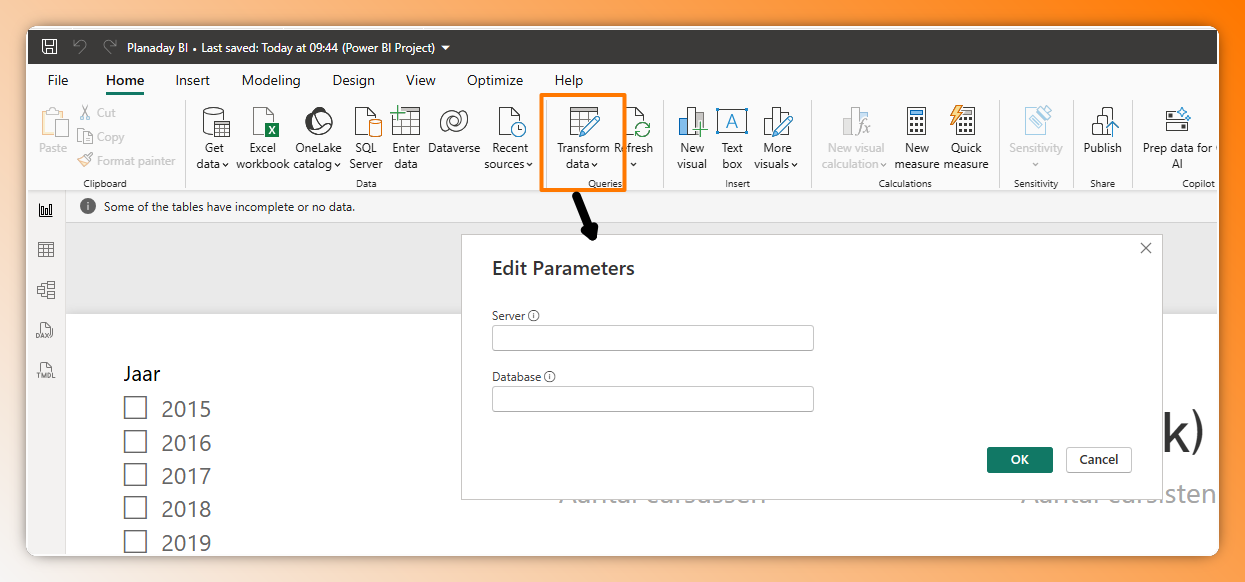 Power BI Desktop: Gegevens transformeren en het venster Parameters bewerken met Server en Database